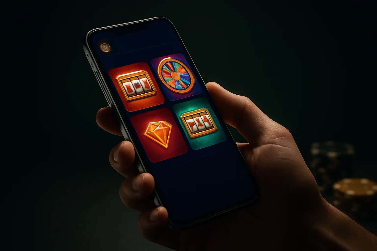 Flagship Android smartphone showing vivid casino app interface in hand