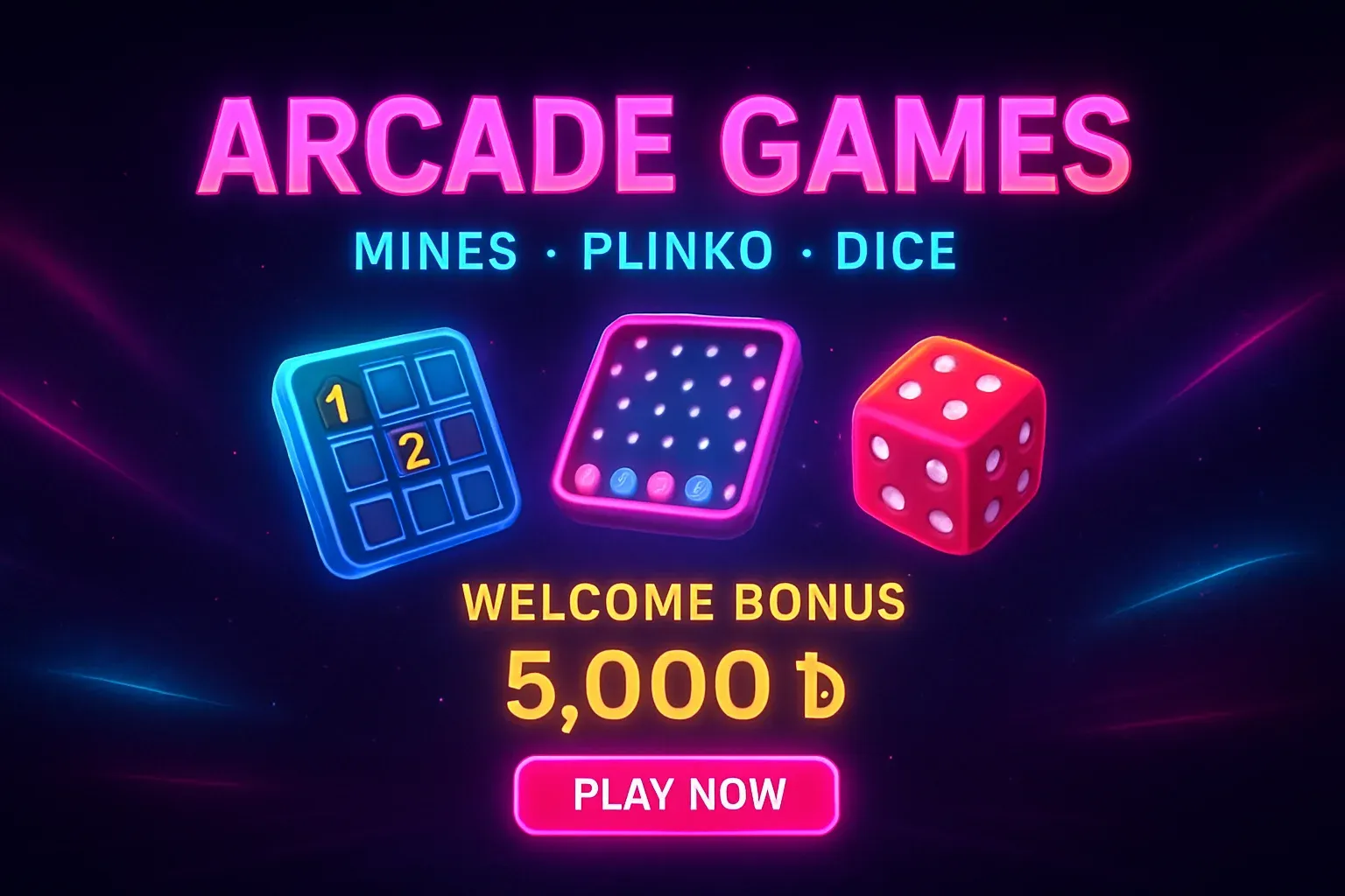 Neon arcade games banner with mines, plinko, dice, and play button