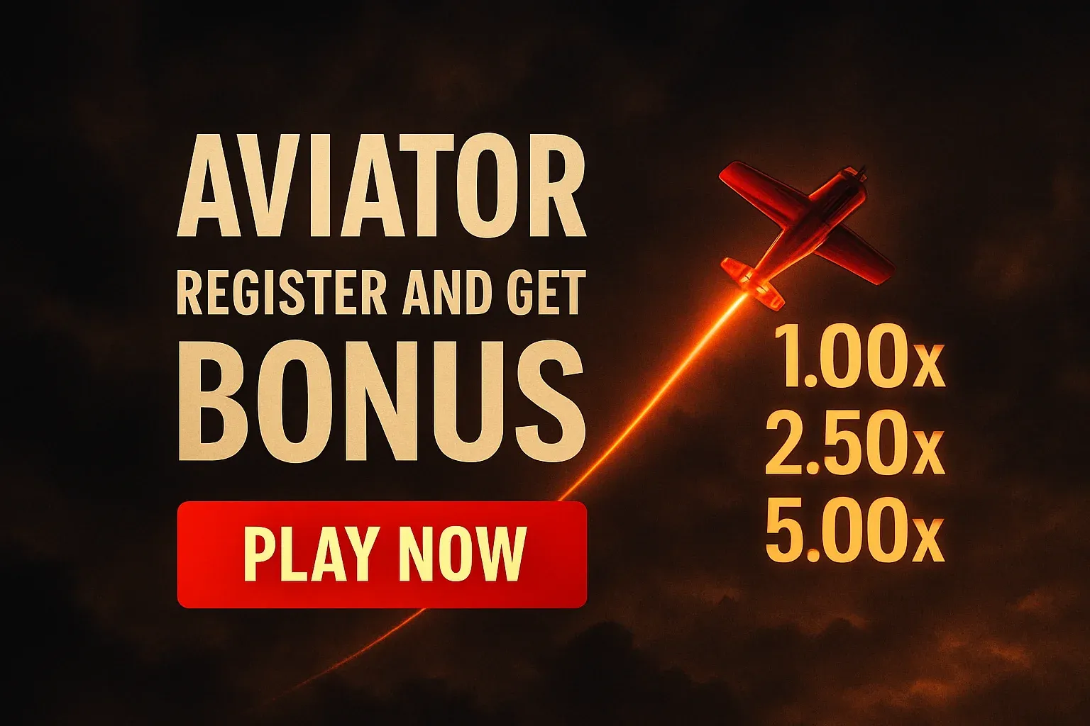 Aviator crash game banner with red plane, multipliers, and play button
