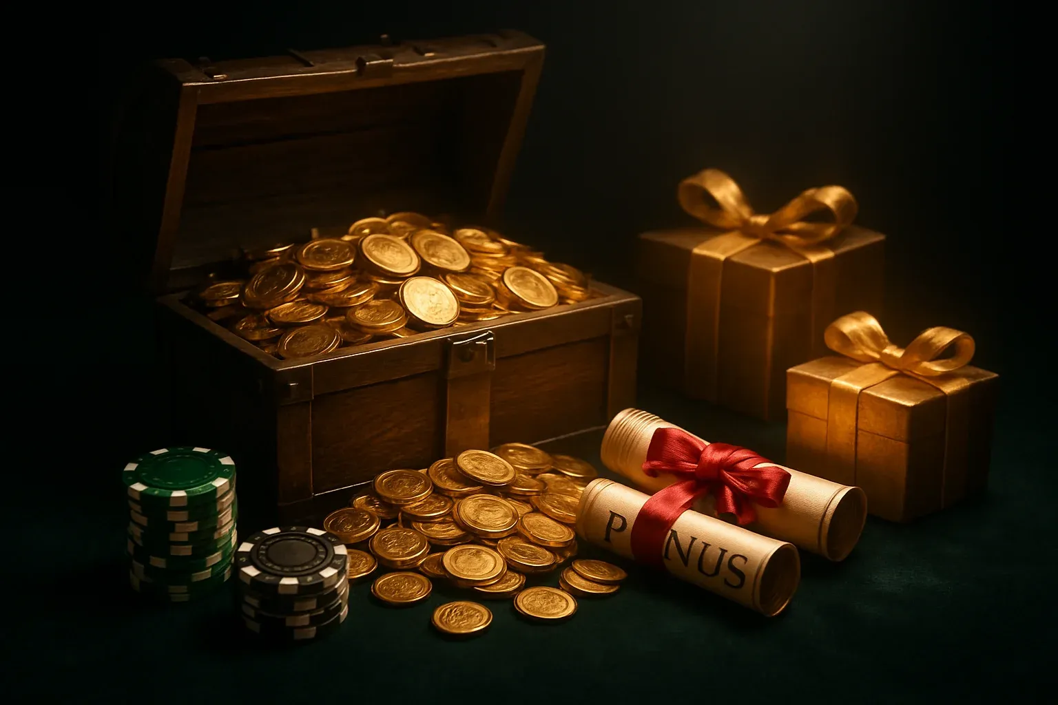 Overflowing treasure chest with coins, casino chips, vouchers, and gift boxes