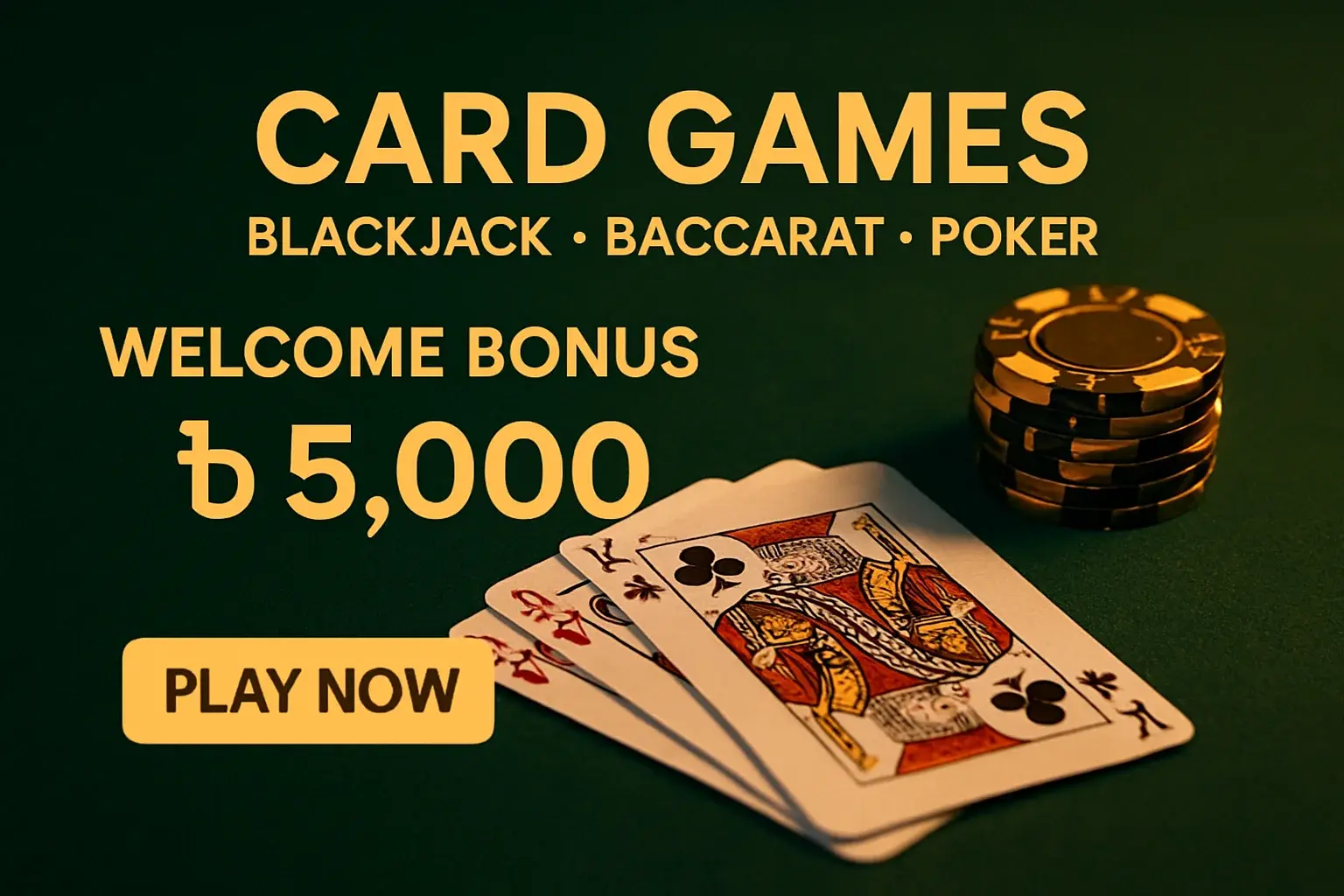 Promotional card games banner with playing cards, chips, and bonus offer
