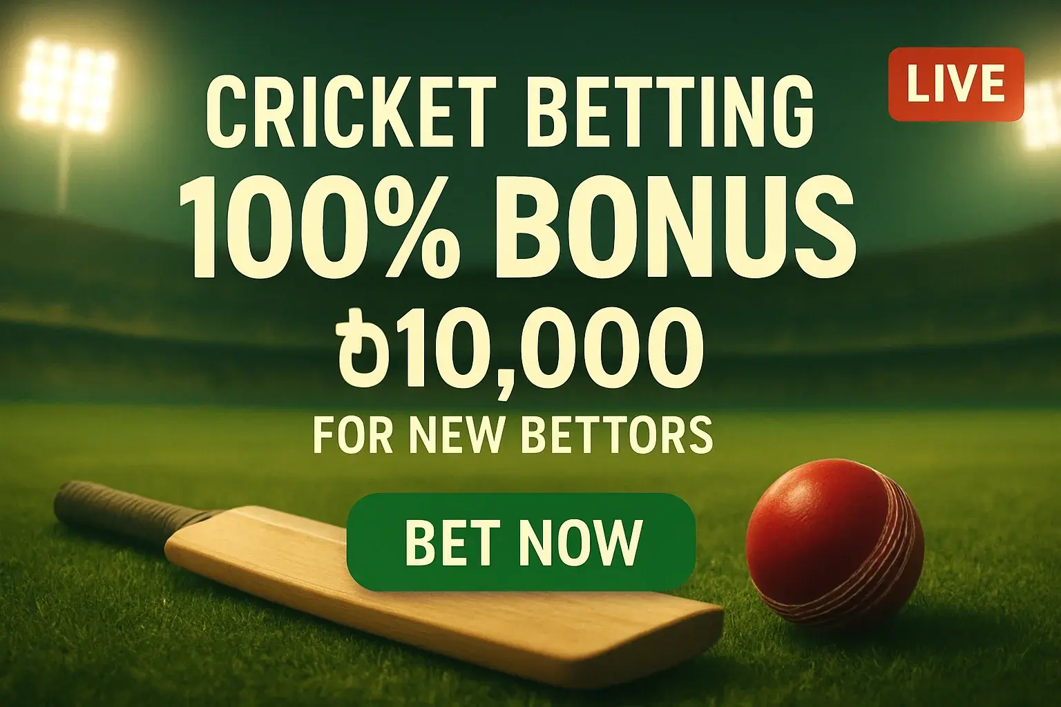 Cricket betting banner with stadium, bat, ball, bonus offer, and CTA