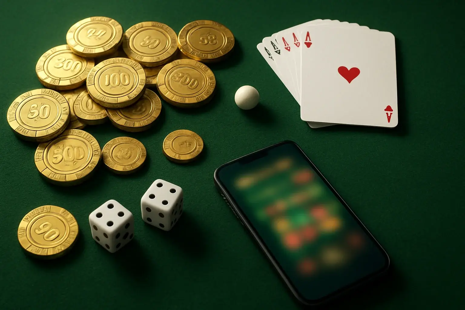 Top-down casino table with golden chips, cards, dice, roulette ball, smartphone