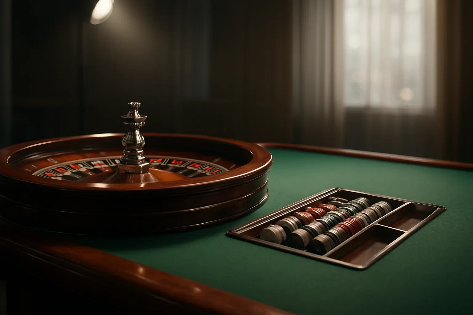 Hyperrealistic live casino studio with empty roulette table and dramatic lighting