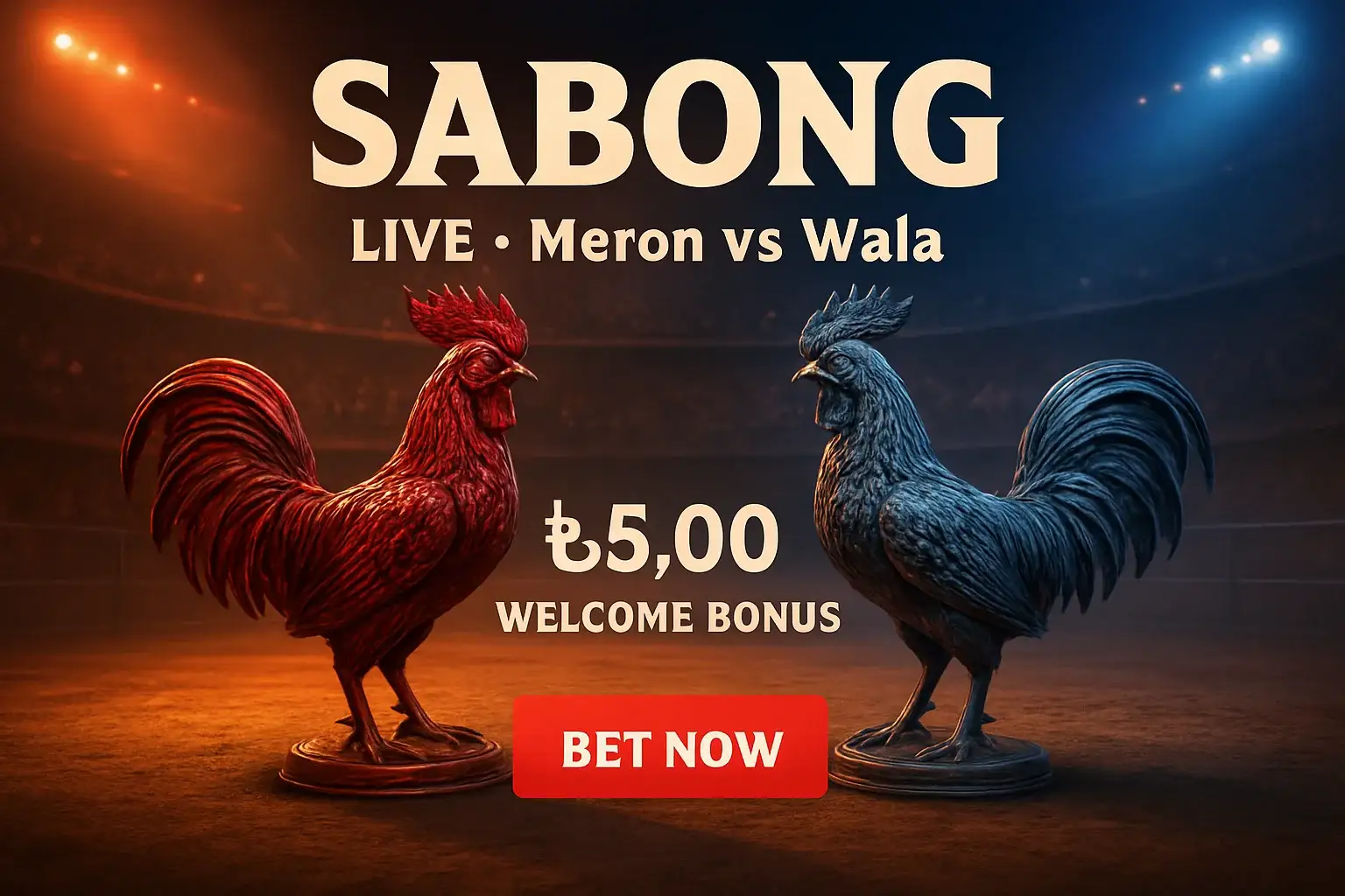 Promotional live sabong banner with decorative rooster figurines and bonus offer