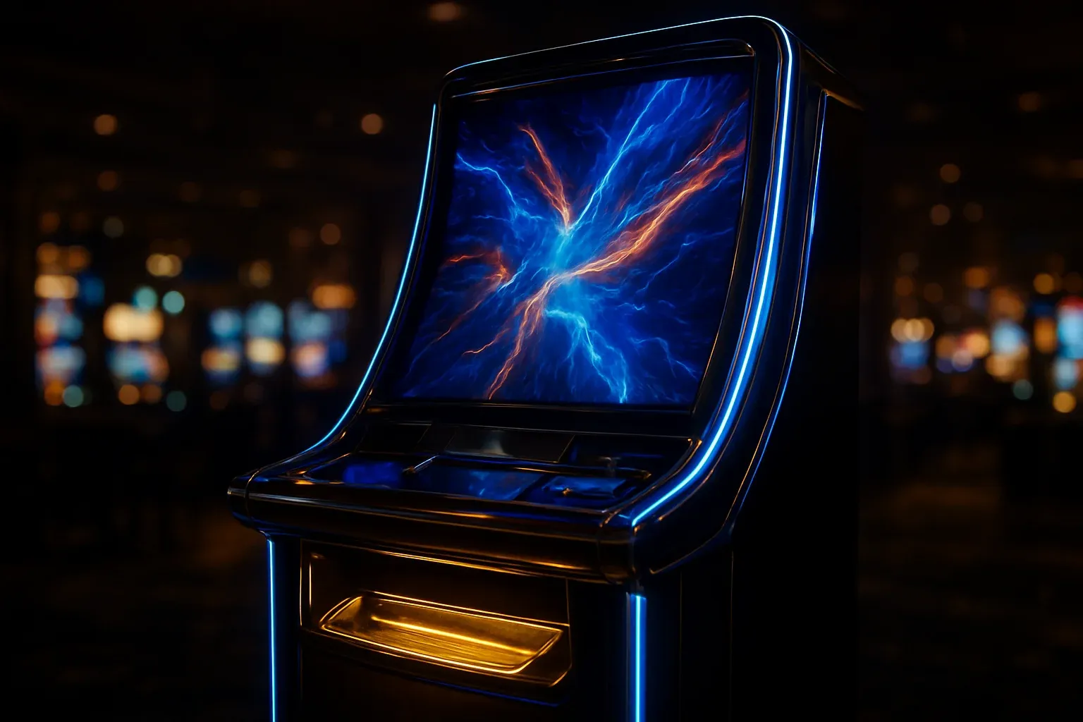 Hyperrealistic premium slot machine glowing in dark luxury casino floor